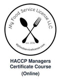 Circular My Food Service logo with fork and spoon; est 2016 and website below; HACCP Manager 100% online, self‑paced.