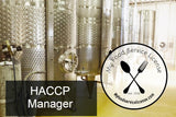 My Food Service logo beside HACCP Manager; 100% online HACCP course and exam; food service and brewery background.