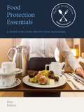 Front cover of a booklet titled 'Food Protection Essentials: A Guide for Food Protection Managers' with a dark blue header, a circular logo reading 'My Food Service License', and a photo of a server serving fruit and cheese on a table.