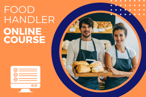 Two bakers holding bread with text 'Food Handler Online Course' on an orange background