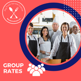 Promotional graphic for a NY Food Service License group rate, featuring a central circular photo of five smiling chefs in white uniforms and black aprons, set against a coral red background with navy blue circular framing and white text reading 'GROUP RATES' and 'NY Food Service License MyFoodServiceLicense.com'.