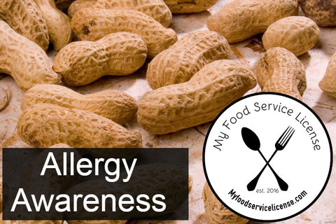 The My Food Service License Logo is on the top of an image of peanuts, one of the big eight allergens.  The 100% online allergy awareness course teaches students what triggers allergic reactions, the eight main food allergens, cross-contact, and more. Offered by My Food Service License, this 100% online, self-paced course can be taken using any device and is available 24/7. Same-day certification. Valid three years