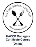 The My Food Service Logo is centered on the screen.  The logo is circular with a fork and spoon intersecting at the center.  Below the image the year of establishment 2016, is written with our website address www.myfoodservicelicense.com.  The HACCP manager course name provides the detail that the course is 100% online and self paced. 